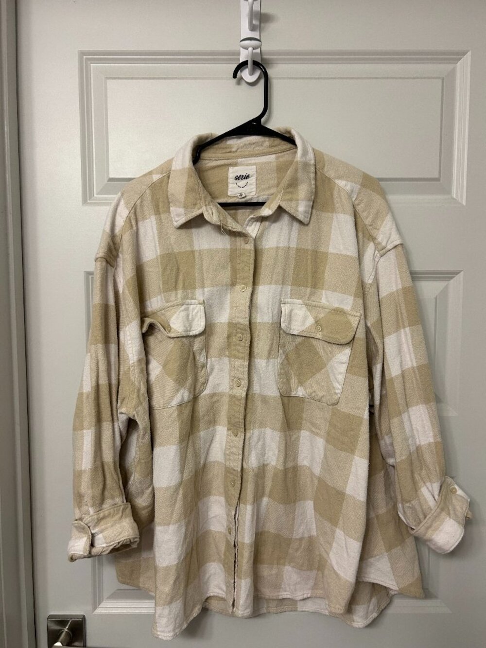 Aerie XXL Plaid Flannel Button Up Oversized Shacket Beige Cream Cottagecore